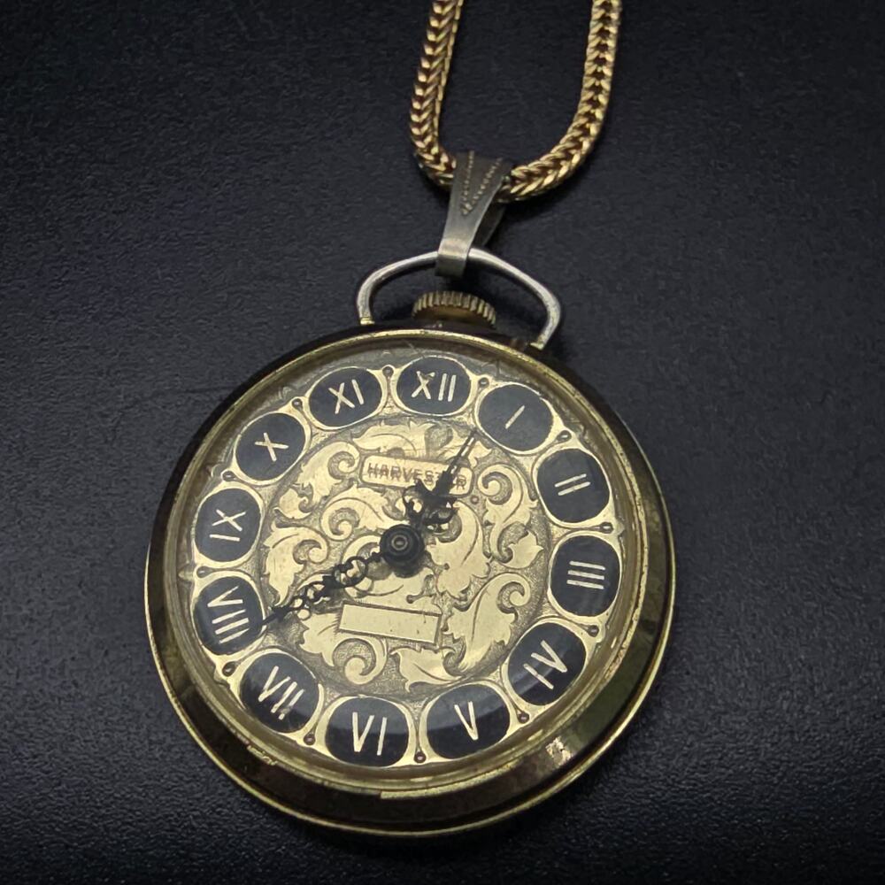 Vintage Harvester Watch Pendant Necklace Gold Tone Mechanical WORKS